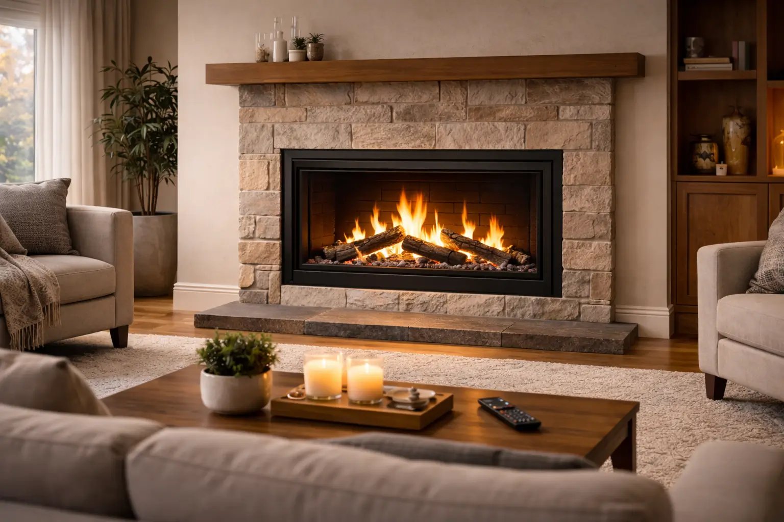 Lit gas fireplace