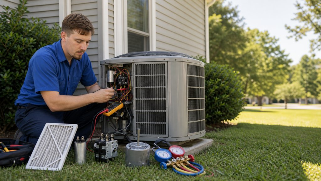 Technician installing an air conditioner